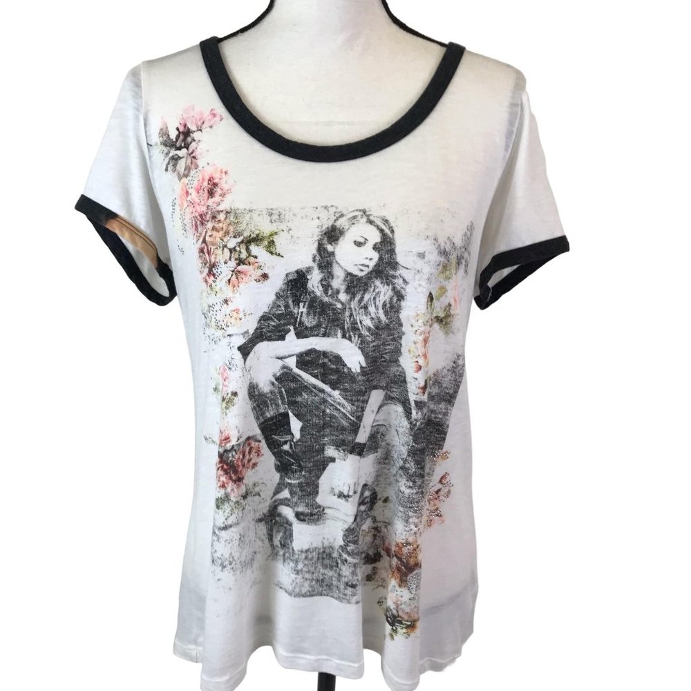 Maurices Womens White Lightweight Floral Graphic Tee Shirt Size L